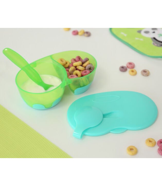 Bol double antidérapant avec couvercle et cuillère - Kiokids