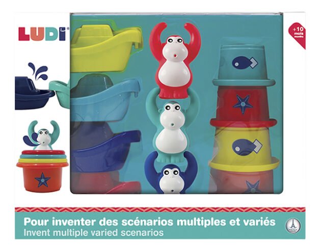 coffret de baignoire avec 4bateaux et 3singes