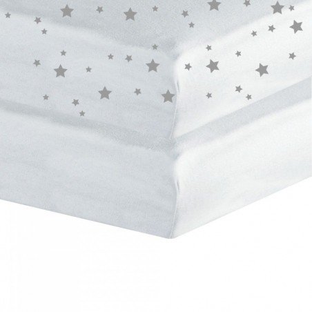 Lot de 2 draps housses pour lit enfant/bébé-Jersey blanc/ gris vert étoilé