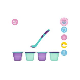 Set pots et cuillères thermosensibles pour Bébé - Kiokids mauve-vert