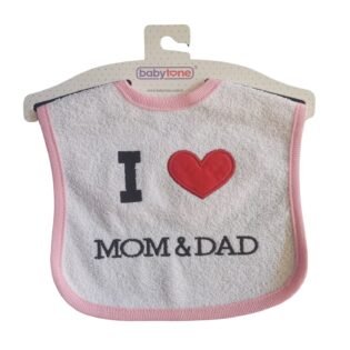 bavoir-en-coton-I-love-Mam&Dad-rose adorable bavoir love mam & dad