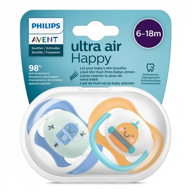 emballage statut sucettes ultra air happy 6-18m avent bleu