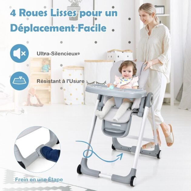 chaise haute avec 4 roues lisses Chaise Haute Bébé Pliable - Baby Joy