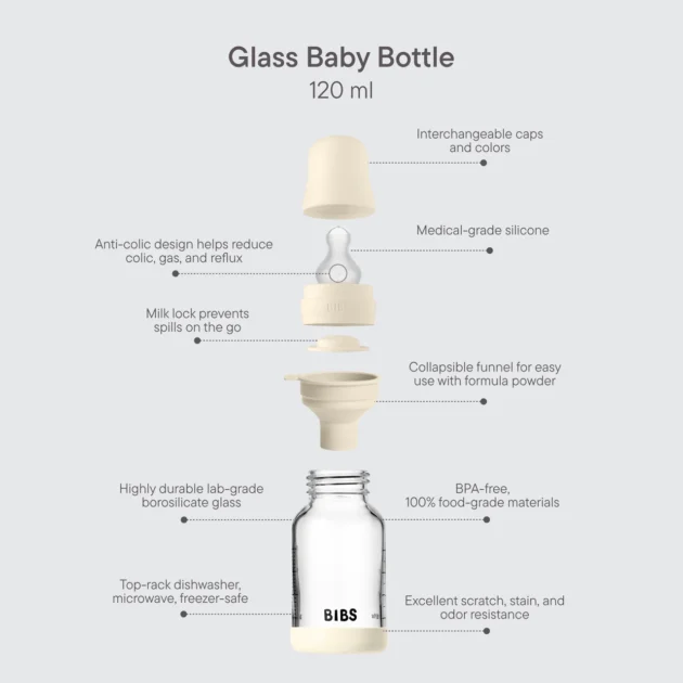 BIBS – Biberon en verre rond silicone 120ml Slow Flow – Ivory