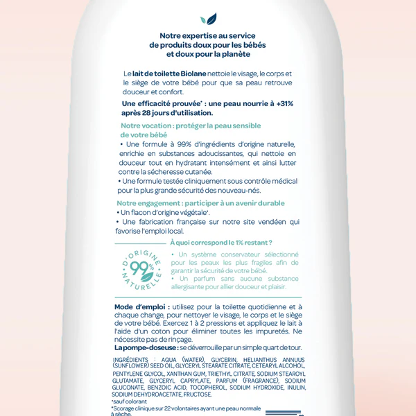 lait de toilette – dos du flacon 750 ml Lait de Toilette Douceur 750 ml - Biolane