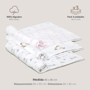 Pack 3 langes Panda 80 x 80 cm roses en gaze de coton - Interbaby