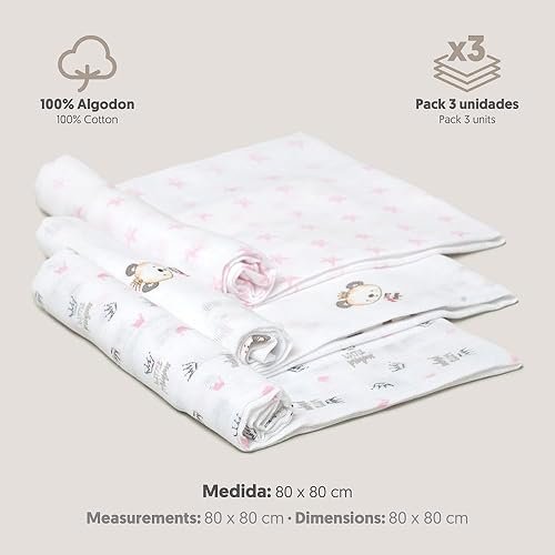 Pack 3 langes Panda 80 x 80 cm roses en gaze de coton - Interbaby