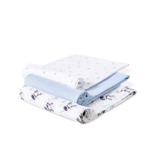 pack 3 langes panda 80 x 80 en gaze de coton bleu - inter baby Pack 3 langes Panda 80 x 80 en gaze de coton bleus - Interbaby