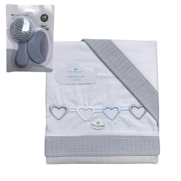 Parure lit 3pièces 60 x 120 cœur + brosse et peigne - Don Algadon