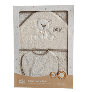 Cape de bain avec bavoir Ours 1x1m beige - Interbaby