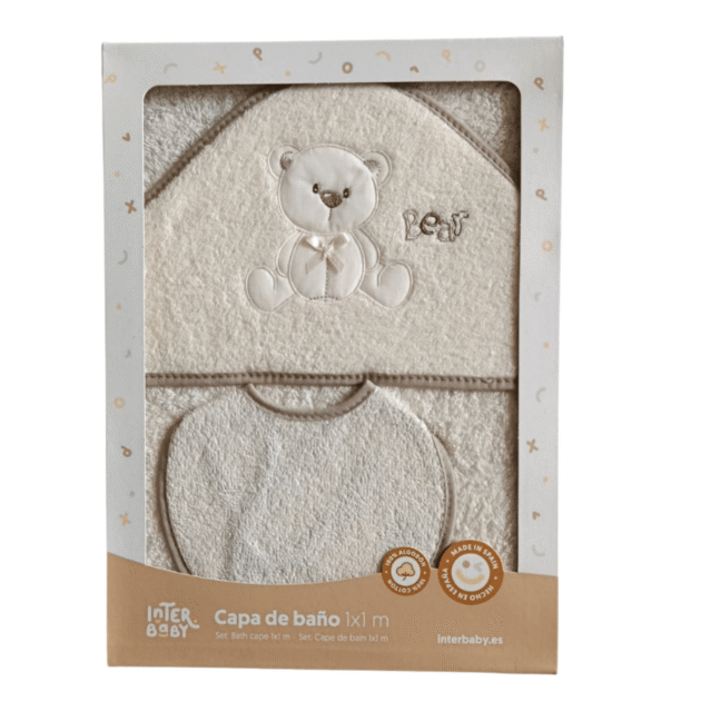 Cape de bain avec bavoir Ours 1x1m beige - Interbaby