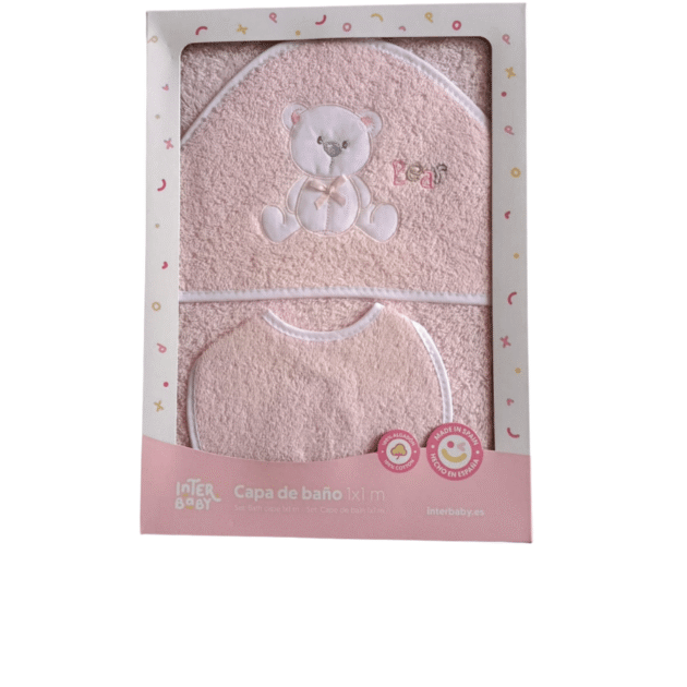 Cape de bain avec bavoir Ours 1x1m rose - Interbaby