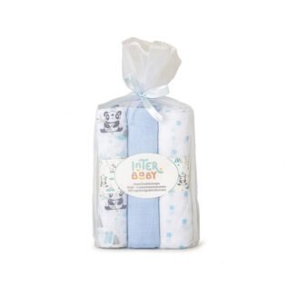profil pack 3 langes panda 80 x 80 en gaze de coton bleu - inter baby Pack 3 langes Panda 80 x 80 en gaze de coton bleus - Interbaby