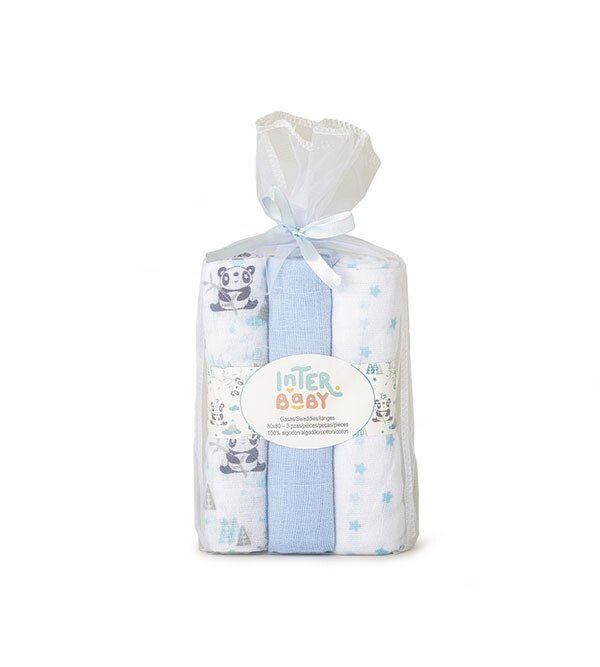 profil pack 3 langes panda 80 x 80 en gaze de coton bleu - inter baby Pack 3 langes Panda 80 x 80 en gaze de coton bleus - Interbaby