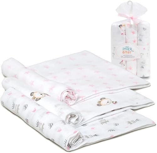 Pack 3 langes Panda 80 x 80 cm roses en gaze de coton - Interbaby