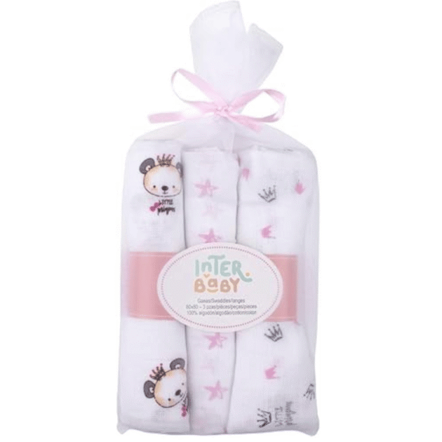 Pack 3 langes Panda 80 x 80 cm roses en gaze de coton - Interbaby