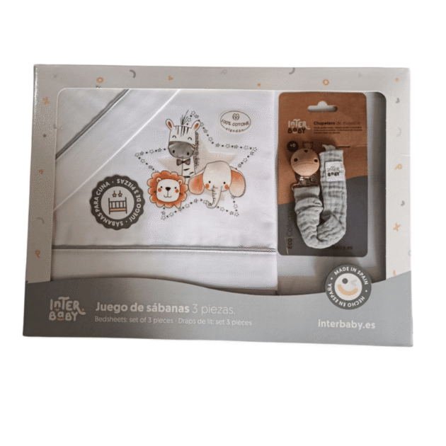 Parure de lit 3pièces 60 x 120 Gris + Attache sucette - Interbaby