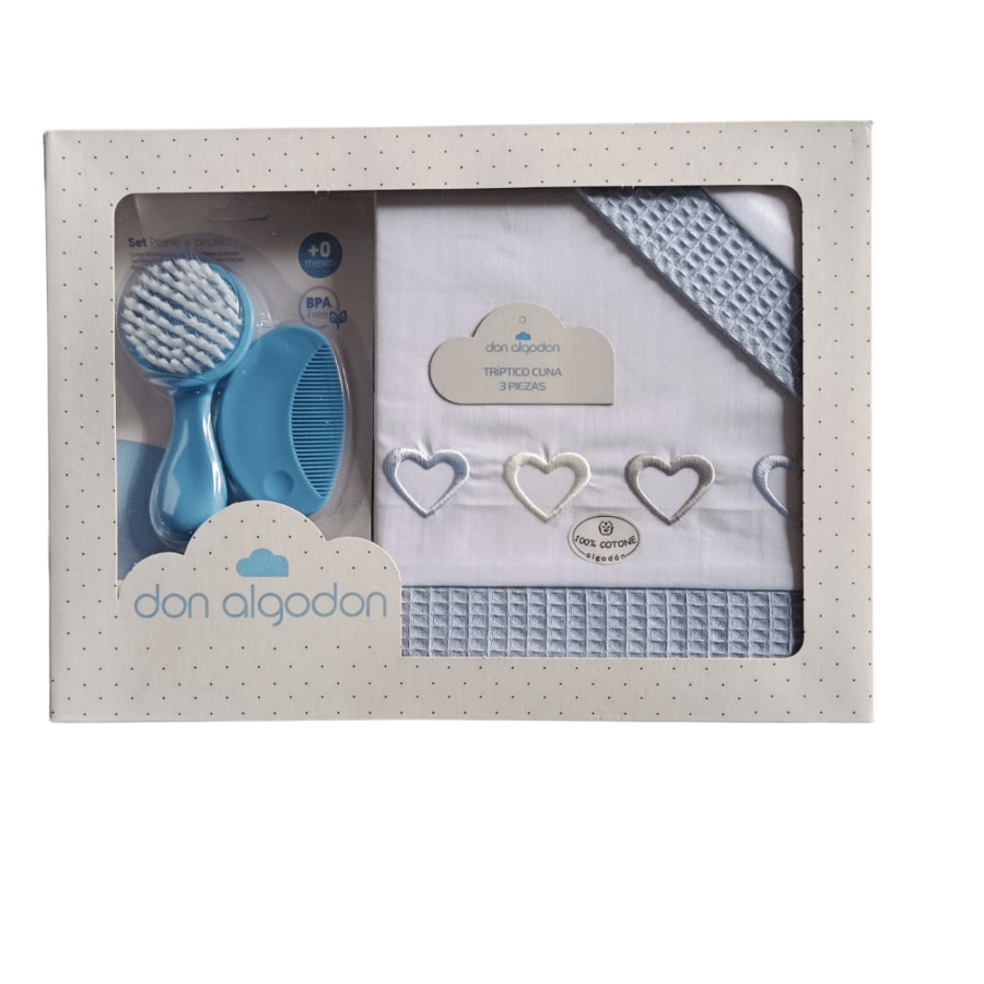 Parure lit 3pièces 60 x 120 cœur bleue + brosse et peigne - Don Algadon