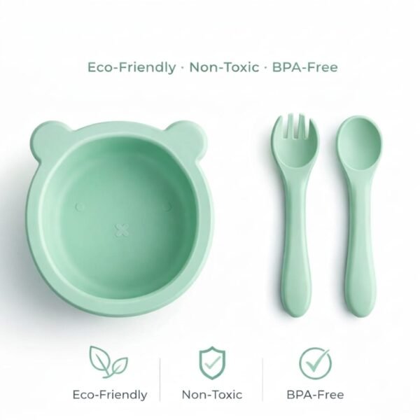 bol en silicone avec fourchette et cuillère vert pour bébé maroc set repas en silicone souple avec fourchette et cuillère maroc