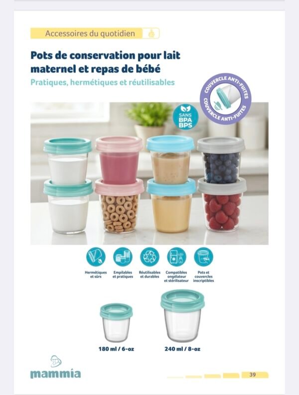 Lot de 8 Pots de conservation lait maternel/repas bébé 180ml - Mammia
