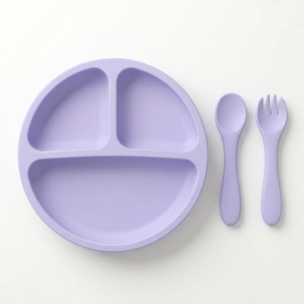 assiette avec compartiment mauve gobebe maroc Assiette Bébé Compartimentée en Silicone avec Cuillère et Fourchette