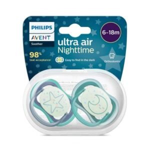 lot de 2 sucettes ultra air nighttime 6-18mois bleu et boîte stérilisable - philips avent gobebe sucettes utra air nighttime efficce pour etre repérer la nuit gobebe.ma