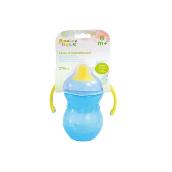 Notre-bebe-Tasse-dapprentissage-bec-semi-souple-6m-270ml-bleu-gobebe accessoire repas gobebe temara