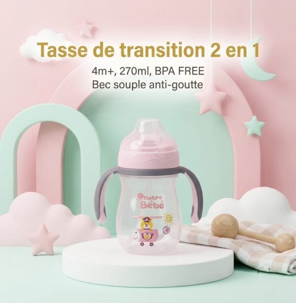 tasse d'apprentissage 2en1 valve anti-fuite 270ml 4+ rose - notre bébé gobebe maarif tasse d'apprentissage pratique gobebe temara