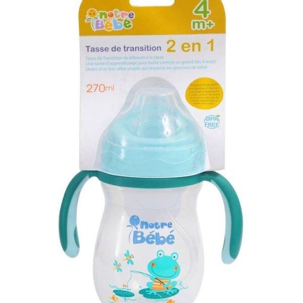 tasse d'apprentissage 2en1 valve anti-fuite 270ml 4+ vert- notre bébé gobebe maarif tasse d'apprentissage 2en1 bec souple gobebe temara