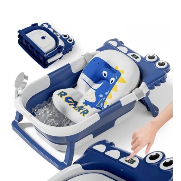 baignoire pliable bébé avec coussin de bain et affichage de température bleu fonce Baignoire pliable bébé avec coussin de bain et affichage de température