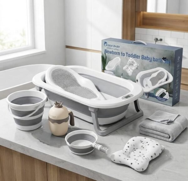 set baignoire pliable avec thermomètre, transat, coussin et accessoires - yikoo baby pack de bain complet et pratique gobebe temara