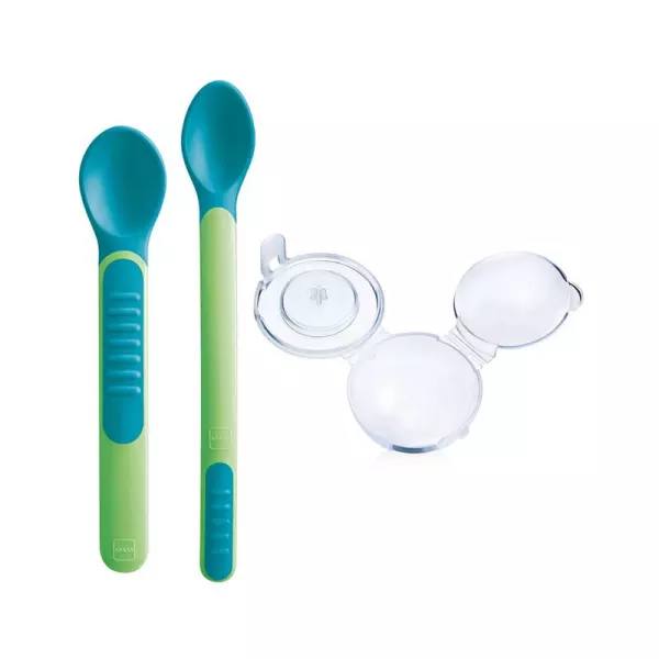 lot de 2 cuillères thermosensibles et étui de protection vert- mam gobebe hygiène et sécurité mam gobebe ainchock