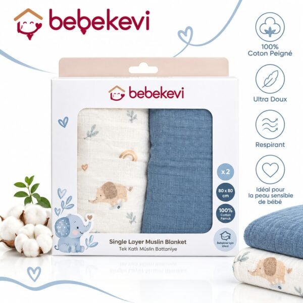 lot de 2 couvertures mousseline 100% coton 80 x 90 cm bleu – bebekevi Lot de 2 couvertures mousseline 100% coton (80 x 90 cm) – Bebekevi