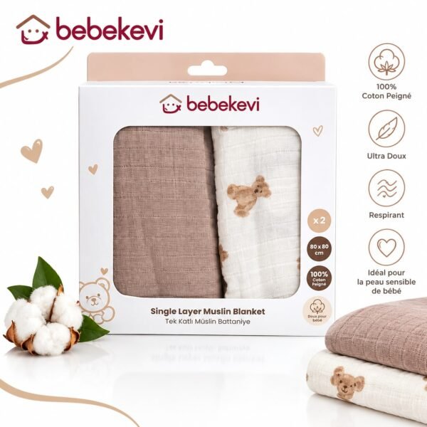 lot de 2 couvertures mousseline 100% coton 80 x 90 cm marron – bebekevi gobebe Lot de 2 couvertures mousseline 100% coton (80 x 90 cm) – Bebekevi