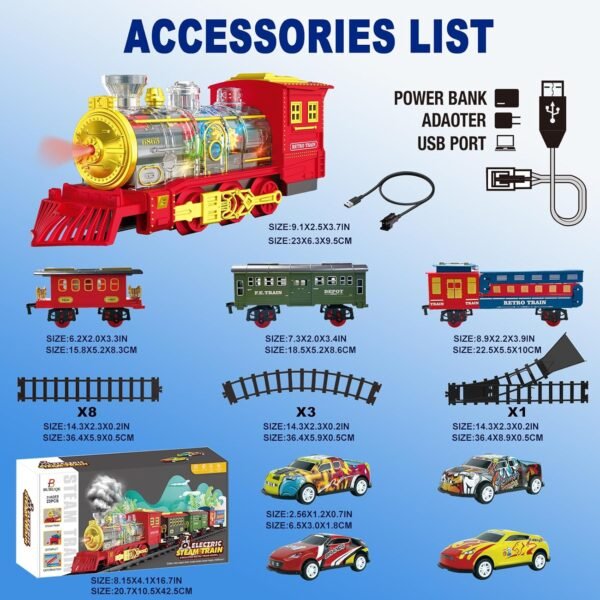 Train Électrique à Vapeur avec Wagons et Rails – 23 Pièces