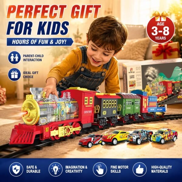 Train Électrique à Vapeur avec Wagons et Rails – 23 Pièces