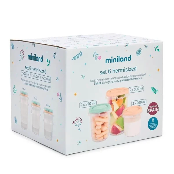 6 pots de conservation 2x330ml, 2x250ml et 2x200ml - miniland gobebe maarif Set 6 Pots de Conservation 2x330ml, 2x250ml et 2x200ml - Miniland